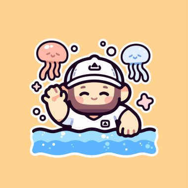 Denizanası olan şirin bir çizgi film yüzücüsü.