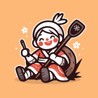 Paddle ve Kimono 'lu Japon Çocuk