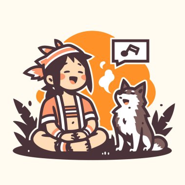 Kız ve köpek müzikle meditasyonda.