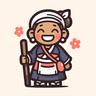 Yürüyen Sopalı Yaşlı Bir Kadın Karikatürü