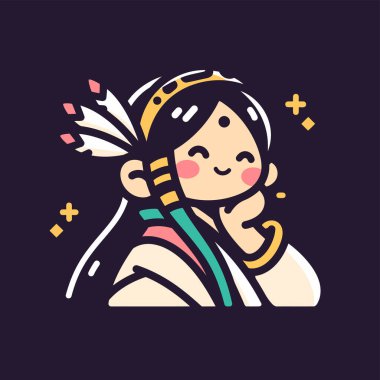 Geleneksel Giyimli Şirin Hintli Kız, Gülümseyen Çizgi Film Portresi