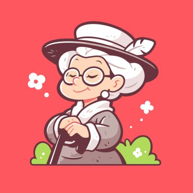 Şapkalı ve bastonlu çekici yaşlı kadın.