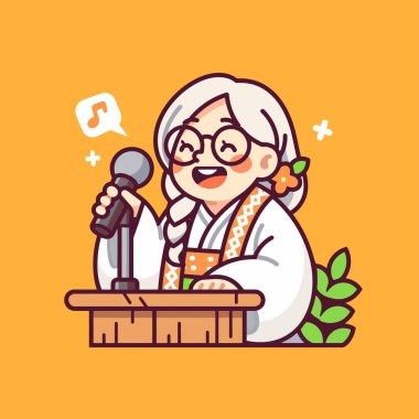 Tatlı Çizgi Film Biçiminde Mikrofonla Şarkı Söyleyen Yaşlı Kadın