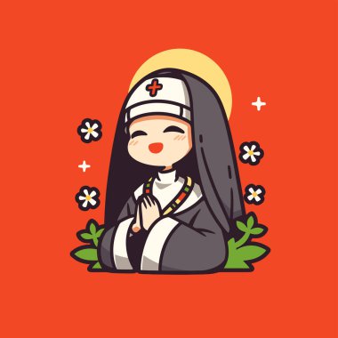 Çizgi roman rahibesi Halo ve çiçeklerle dua ediyor.