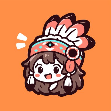 Chibi Amerikan Yerlisi Başı olan ve Neşeli Gülümseyen Kız