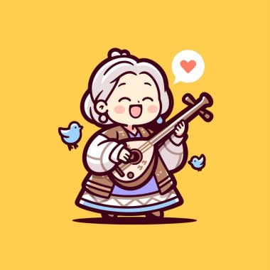 Yaşlı Chibi Kadın Kuşlarla Lavta Çalıyor