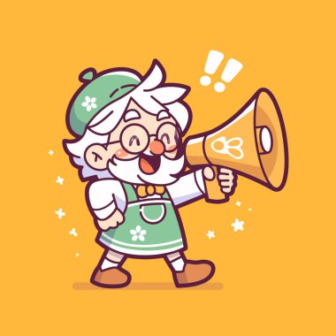 Neşeli yaşlı karakter bir duyuru için megafona bağırıyor..