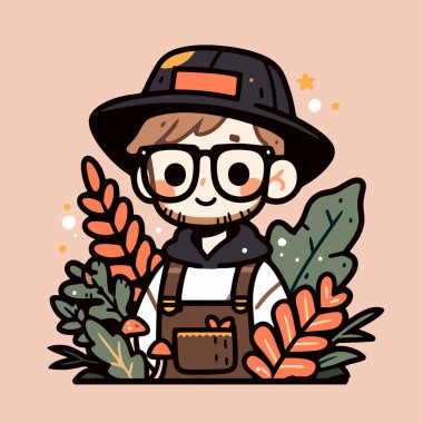 Bitkileri ve gülen yüzlü sevimli bahçıvan karakteri