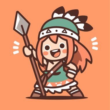 Mızraklı Amerikan Yerli Savaşçısı Sevimli Çizgi film