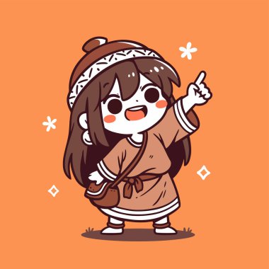 Chibi Kız Çizgi Film Biçiminde Yukarı Doğru Gösteriyor