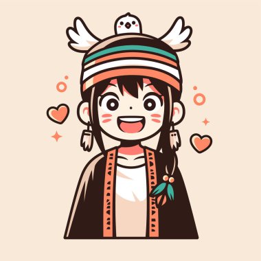Kuş şapkalı ve gülümseyen yüzlü tatlı bir anime kızı.