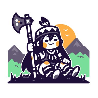 Manzarada baltası olan sevimli bir çizgi film savaşçısı.