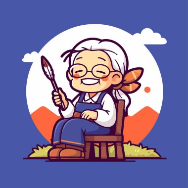 Fırça ve Gözlüklü Mutlu Yaşlı Kadın Sanatçı