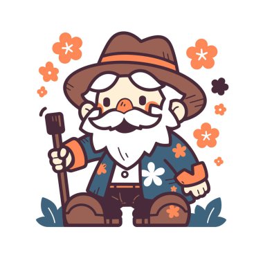 Yürüme sopası, çiçekli gömlek ve kahverengi şapkalı çekici yaşlı bir cüce..
