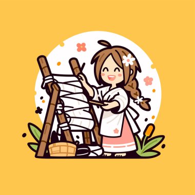 Tahta Loom 'da Büyüleyici Çizgi Film Tarzında Dokuan Kadın