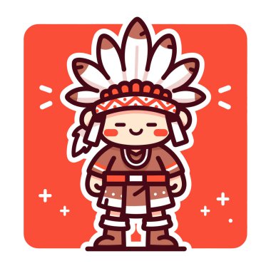 Çizgi film karakteri. Başlığı ve geleneksel kıyafetleriyle gülümsüyor.