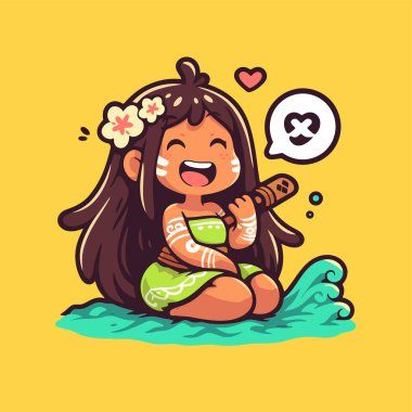 Neşeli Polinezyalı Kız Okyanus Dalgasında Flüt Çalıyor