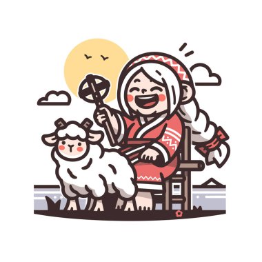 Koyunlu yün ören kadın - kaprisli çizgi film