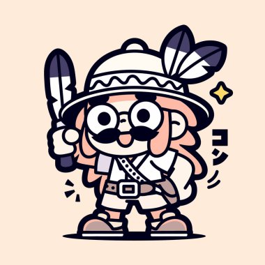 Tüylü Şapka ve Bıyıklı Eğlenceli, Retro Çizgi Film Tarzı Maceracı