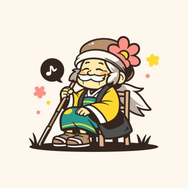 Mutlu Yaşlı Adam Şarkı Söylüyor Çizgi Film İllüstrasyonu