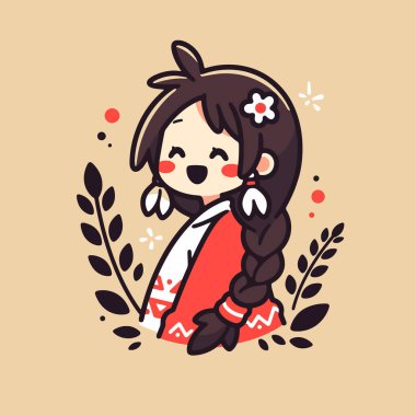 Saçları örgülü ve çiçekli Amerikan yerlisi Chibi kızı.