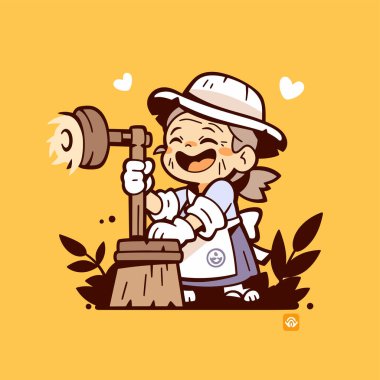 Süpürgeyle Temizlik yapan Neşeli Yaşlı Kadın