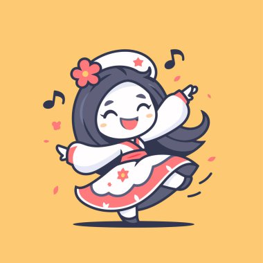 Kawaii tarzında kiraz çiçekli mutlu dansçı kız.