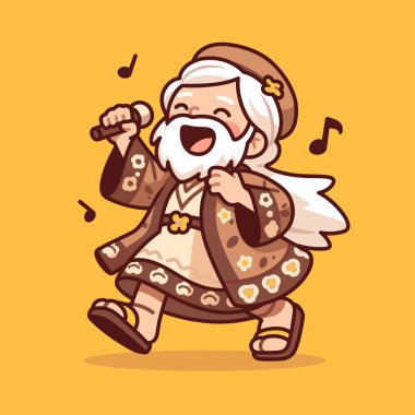 Neşeli çizgi film karakteri mikrofonla şarkı söylüyor