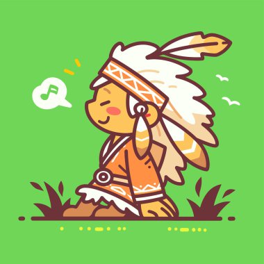 Sevimli çizgi film Amerikan Yerlisi Çocuk Yeşil Tarlada Şarkı Söylüyor