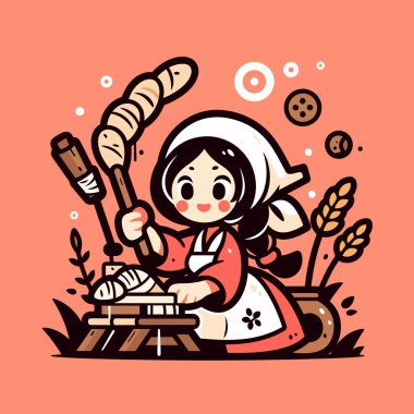 Düz elle çizilmiş bir fırıncı ekmek ve kurabiye yapıyor..