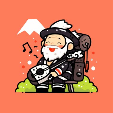 Geleneksel bir enstrüman çalan sakallı ve şapkalı neşeli bir Japon müzisyen.