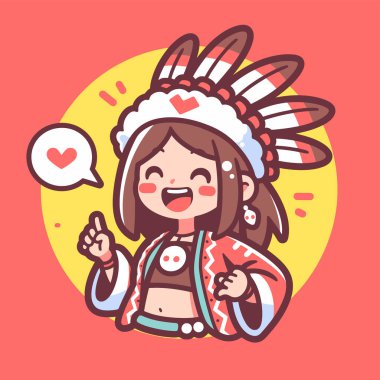 Sevimli Çizgi film Başı ve Sevgisiyle Amerikan Yerlisi Kız