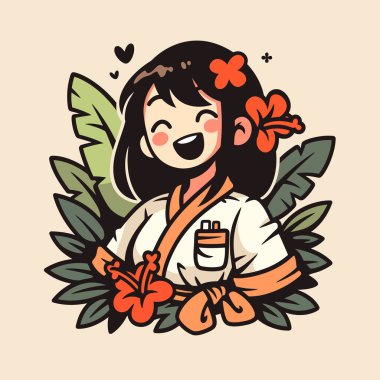 Tropik Bir Ayarda Hibiscus Çiçekleriyle Mutlu Anime Kızı