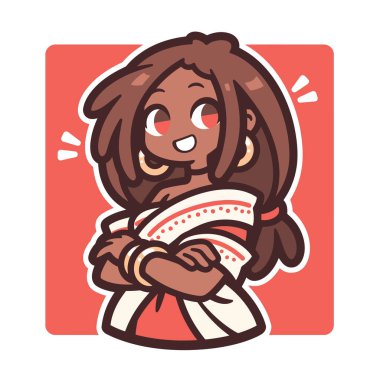 Kahverengi saçlı, güzel bir çizgi film tarzında gülümseyen kadın..