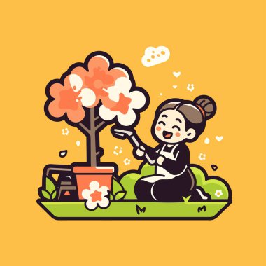 Karikatür bahçesinde kiraz ağacı sulayan bir kadın.