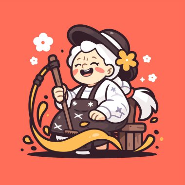 Çizgi film stilinde Altın Sıvıyı Karıştıran Mutlu Büyükanne