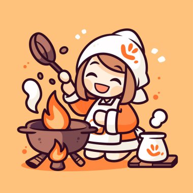 Mutlu Karikatür Aşçısı Ateş Üzerinde Pişiyor