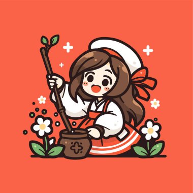 Chibi Koreli Kız Tencerede Ot Pişiriyor