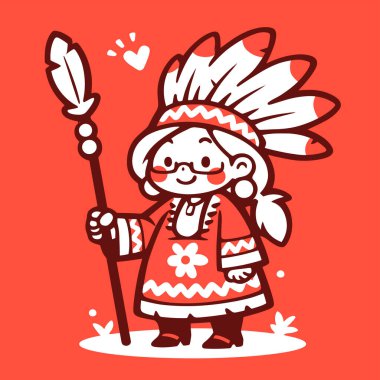 Chibi Amerikan Yerlisi Mızrak Tutan Çocuk