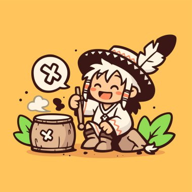 Amerikan yerlisi çocuk gülümseyerek davul çalıyor.