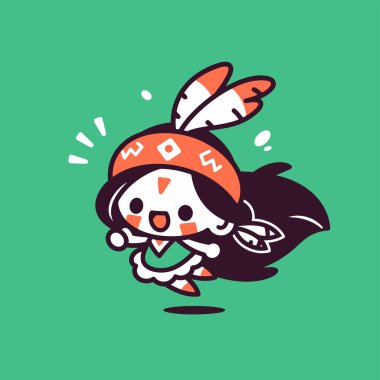 Chibi Kızılderili kızı neşeli bir gülümseme ve kabile kıyafetiyle koşuyor..