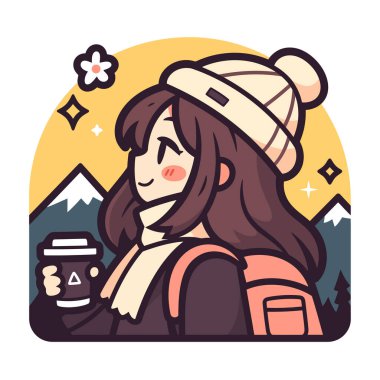 Kışın dağlarda kahve içen bir kız.