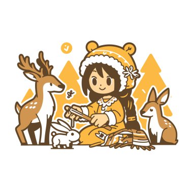 Geyik, Tavşan ve Ayı Şapkalı Kız Kış Sahnesi