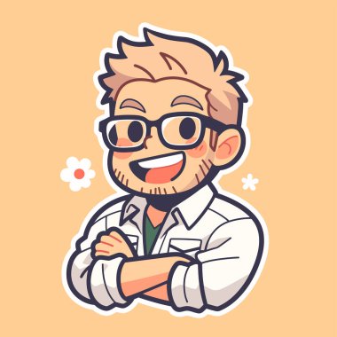 Gözlüklü ve çapraz kollu gülümseyen çizgi film adamı.