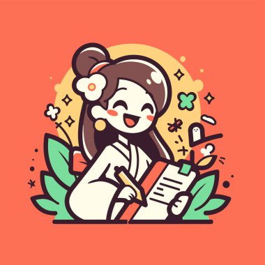 Mutlu Japon kadın güzel bir çizgi film stiliyle not defterine yazıyor..