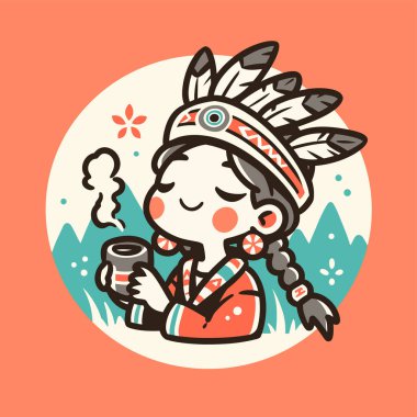 Chibi Amerikan Yerlisi Bir fincan kahvenin tadını çıkarıyor