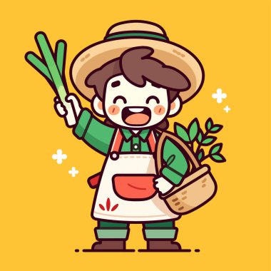 Elinde sepet ve su kovası tutan çiftçinin çizgi film karakterinin vektör çizimi. tarıma elverişli, tarım, web sayfası, çıkartma, logo