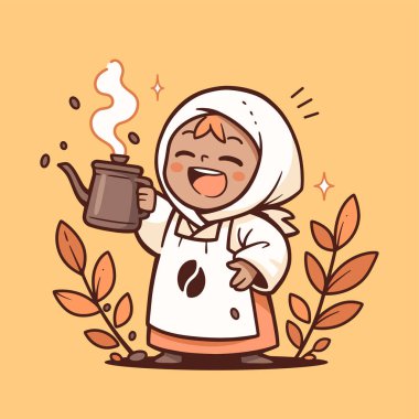 Kahve fincanı olan tatlı bir çizgi film kızı.