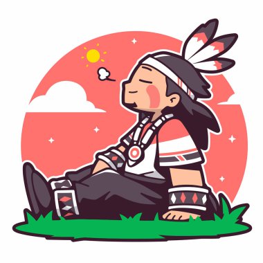 Kızılderili kültürü ve çizgi film vektör tasarımına sahip Amerikan yerlisi.