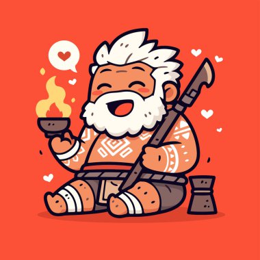 Elinde çay fincanı tutan mutlu sakallı adam. vektör illüstrasyonu.